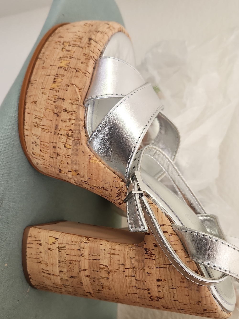 Schutz Pattie Platform Pump Heels sz 8 US Chunky Sandal Silver Cork Cyber Y2K